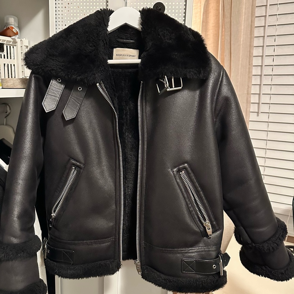 The Kooples Vegan Black Leather Aviator Jacket with Faux Shearling Trim